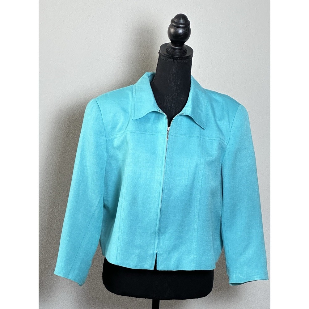 David N Petites Aqua Blue Linen Jacket Zip Up Lightweight Size (14) (See below) - Picture 2 of 16